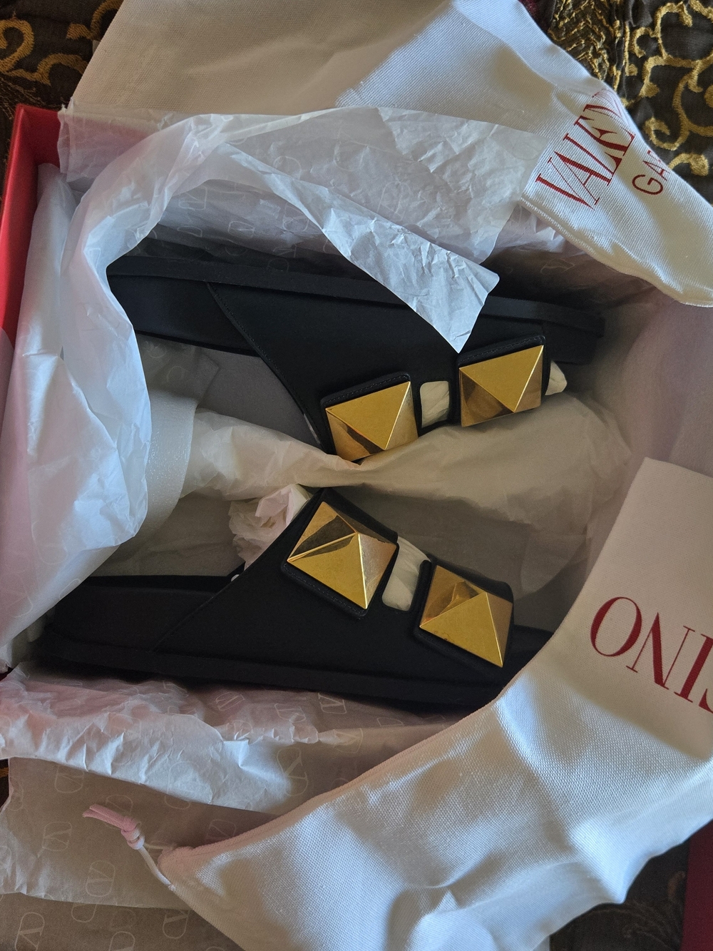 Valentino Garavani Black Slide Sandals with Gold Pyramid Studs - Picture 6 of 8
